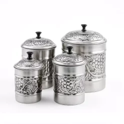 Food Storage Old Dutch 4-Piece Antique Pewter Embossed “Heritage” Canister Set