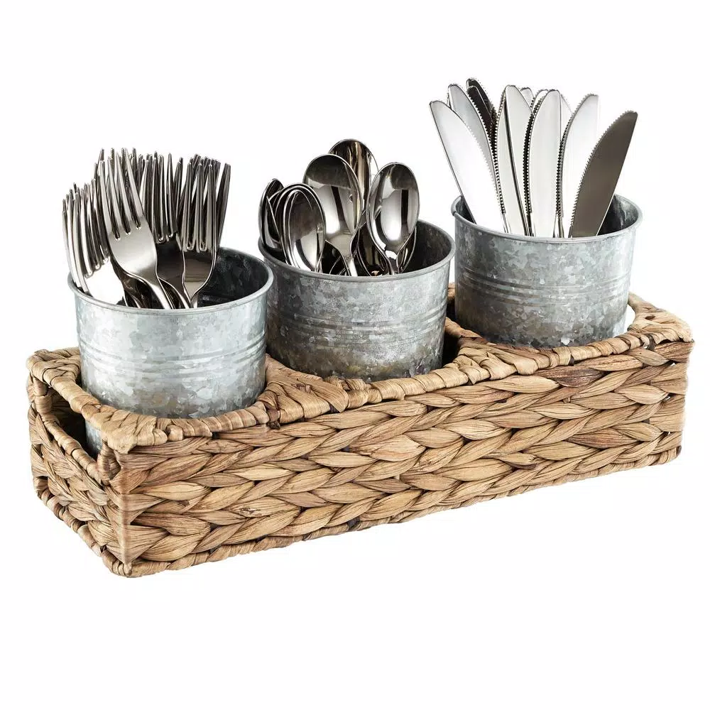 Countertop Storage Artland Garden Terrace Flatware Caddy 13.75×5.x5.5, Water Hyacinth And 3 Galvanized Cups 4 Countertop Storage Artland Garden Terrace Flatware Caddy 13.75×5.x5.5, Water Hyacinth And 3 Galvanized Cups - Image 2