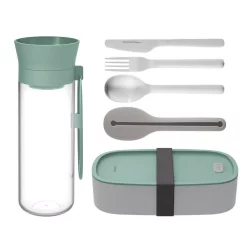 Food Storage BergHOFF Grey And Green Water Bottle Flatware And Bento Box Leo Lunch Set