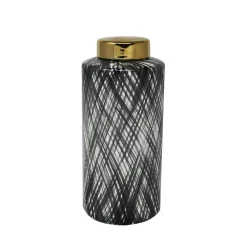 Food Storage Benjara Ceramic Black And White Large Lidded Ginger Jar With Criss Cross Pattern