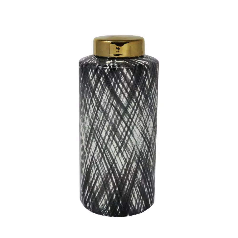 Food Storage Benjara Ceramic Black And White Large Lidded Ginger Jar With Criss Cross Pattern 3 Food Storage Benjara Ceramic Black And White Large Lidded Ginger Jar With Criss Cross Pattern