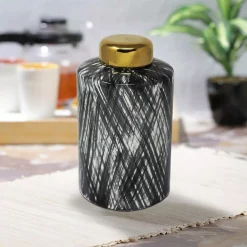 Food Storage Benjara Black And White Ceramic Lidded Ginger Jar With Criss Cross Pattern -Honey Can Do Shop black and white benjara kitchen canisters bm190609 31 1000