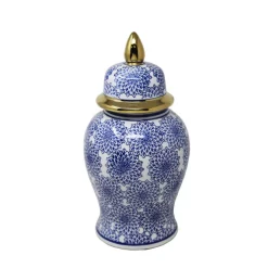 Food Storage Benjara Blue And White Ceramic Temple Jar With Covered Top Lid