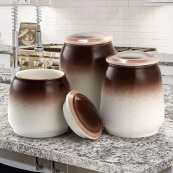 Food Storage Elama Toasted Coconut 3-Piece Ceramic Canister Set With Ceramic Tops -Honey Can Do Shop brown elama kitchen canisters 985112008m 4f 1000