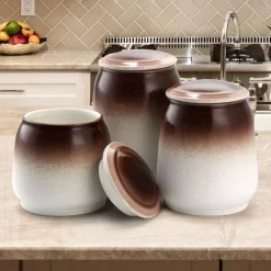 Food Storage Elama Toasted Coconut 3-Piece Ceramic Canister Set With Ceramic Tops