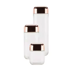 Food Storage Honey-Can-Do 3-Piece 550ml, 1100ml And 1700ml Square Glass Storage Jar Set With Rose Gold With Twist Lids