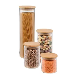 Food Storage Honey-Can-Do 4-Piece 450ml, 700ml, 1000ml And 1650ml Glass Jar Storage Set With Bamboo With Lids