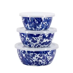 Food Storage Golden Rabbit Cobalt Swirl 3-Piece Enamelware Bowl Set With Lid