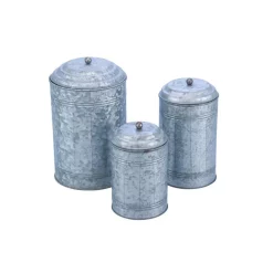 Food Storage Benzara 3-Piece Rustic Metal Galvanized Canisters
