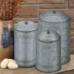 Food Storage Benzara 3-Piece Rustic Metal Galvanized Canisters -Honey Can Do Shop distressed rustic benzara kitchen canisters bm120150 fa 1000