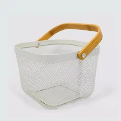 Countertop Storage ExcelSteel Excel Steel White Fruit Basket Iron Powdered Coating With Wooden Handle
