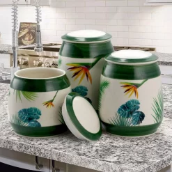 Food Storage Elama Paradise Palms Green 3-Piece Ceramic Cannister Collection With Ceramic Tops -Honey Can Do Shop green elama kitchen canisters 985112006m 4f 1000