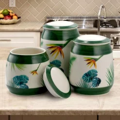 Food Storage Elama Paradise Palms Green 3-Piece Ceramic Cannister Collection With Ceramic Tops