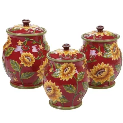 Food Storage Certified International Sunset Sunflower 3-Piece Ceramic Canister Set