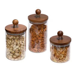 Food Storage Honey-Can-Do 3-Piece Acacia Top Glass Kitchen Canister Set -Honey Can Do Shop natural glass silicone honey can do food storage containers kch 08571 4f 1000