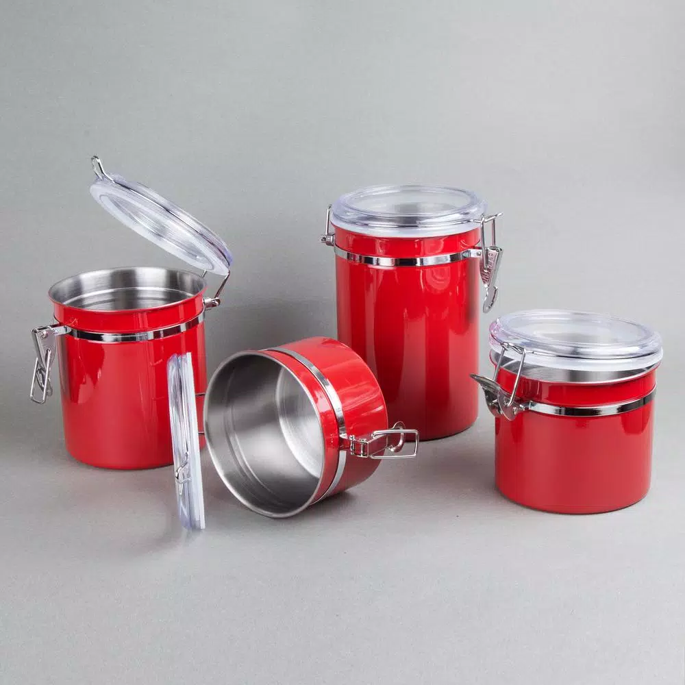 Food Storage Creative Home Set Of 4-Pieces Red Stainless Steel Canister Storage Container With Air Tight Lid And Locking Clamp 4 Food Storage Creative Home Set Of 4-Pieces Red Stainless Steel Canister Storage Container With Air Tight Lid And Locking Clamp - Image 2