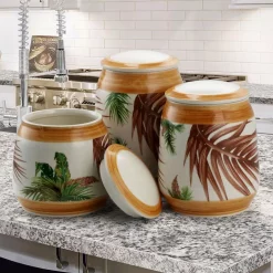 Food Storage Elama Paradise Palms Sand 3-Piece Ceramic Canister Set With Ceramic Tops -Honey Can Do Shop sand elama kitchen canisters 985112007m 4f 1000