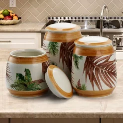 Food Storage Elama Paradise Palms Sand 3-Piece Ceramic Canister Set With Ceramic Tops