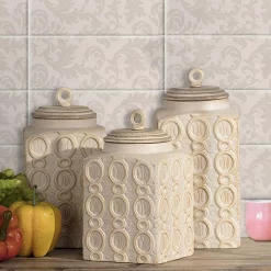 Food Storage Benjara Dreanna 3-Piece White Ceramic Canisters 15 Food Storage Benjara Dreanna 3-Piece White Ceramic Canisters -Honey Can Do Shop white benjara kitchen canisters imx 95792 3 31 1000