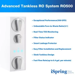 Water Filtration Systems ISPRING Tankless Reverse Osmosis Water Filtration System, Smart Faucet, 2:1 Pure To Drain Ratio, 500 GPD -Honey Can Do Shop white ispring reverse osmosis systems ro500 c3 1000