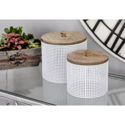 Food Storage LITTON LANE White Iron Mesh Round Canisters With Wooden Lid (Set Of 2) -Honey Can Do Shop white litton lane kitchen canisters 22653 31 1000