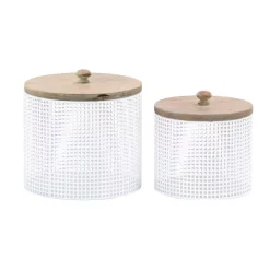 Food Storage LITTON LANE White Iron Mesh Round Canisters With Wooden Lid (Set Of 2)