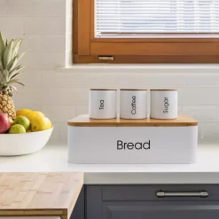 Food Storage MegaChef 4-Piece Metal Canister Set With Bamboo Cutting Board Lid -Honey Can Do Shop white megachef kitchen canisters 985111713m 31 1000